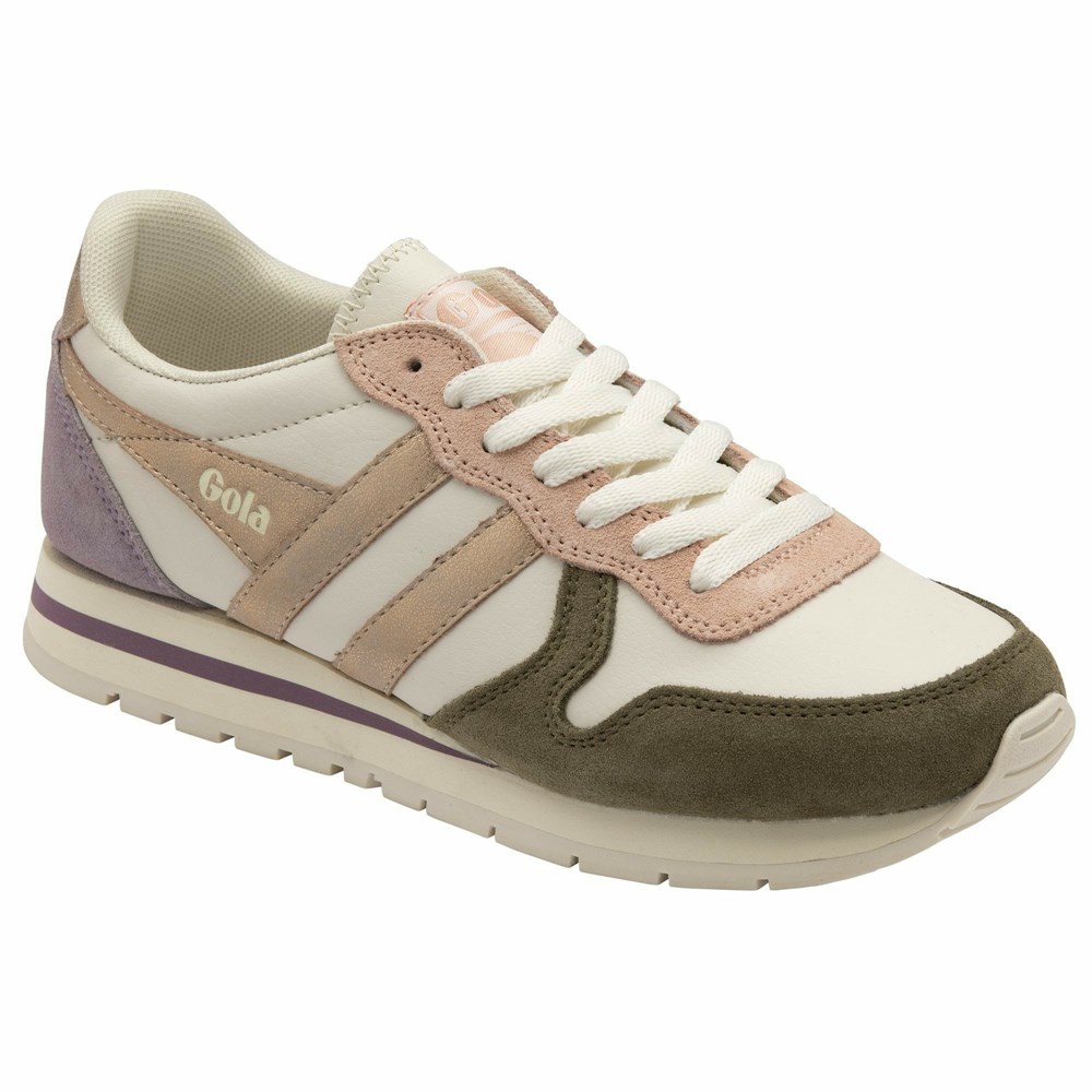 Basket Gola Daytona Quadrant Blanche Kaki Rose Doré Femme | XYCE-31292858