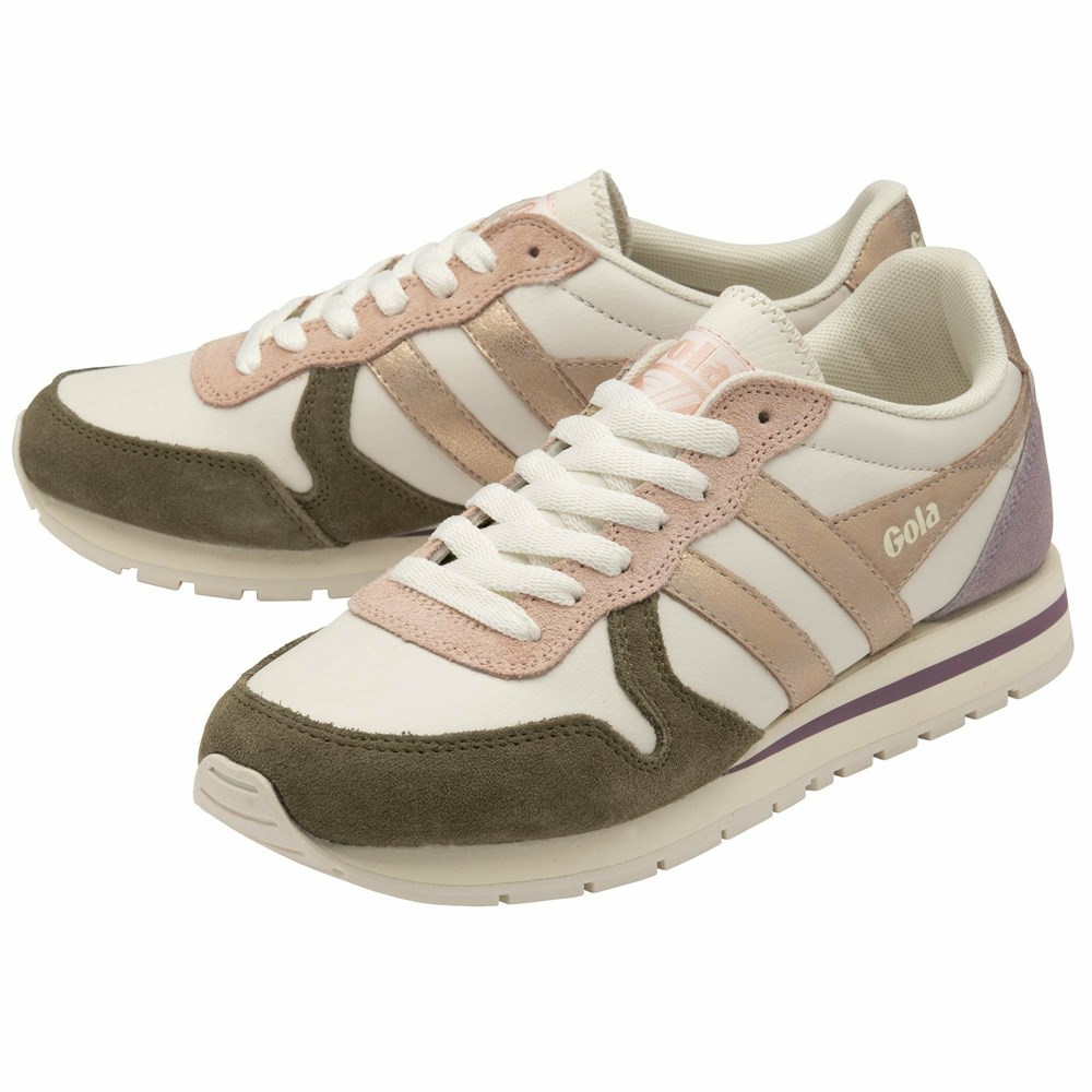 Basket Gola Daytona Quadrant Blanche Kaki Rose Doré Femme | XYCE-31292858