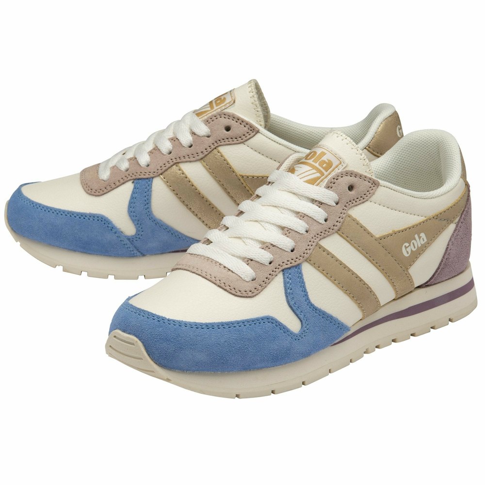 Basket Gola Daytona Quadrant Blanche Bleu Doré Femme | RJTB-40756826