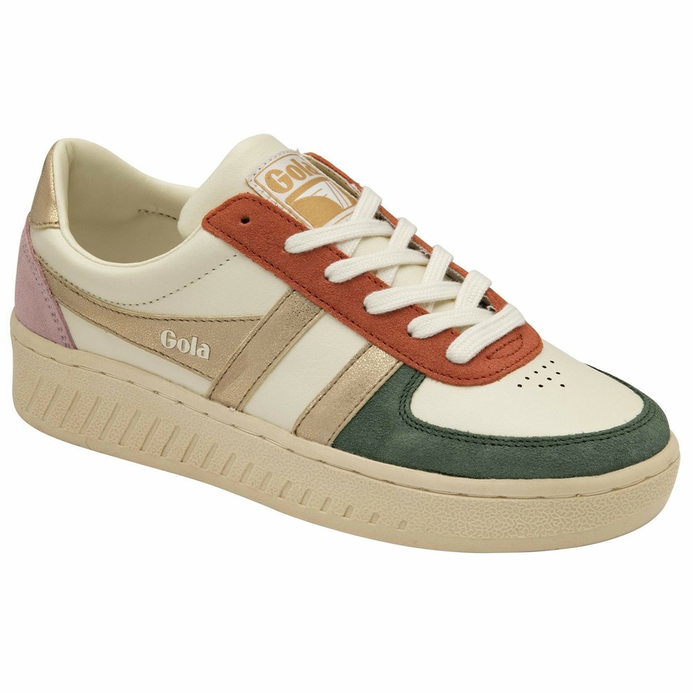 Basket Gola Grandslam Quadrant Blanche Vert Olive Doré Rose Femme | UDDK-20024056