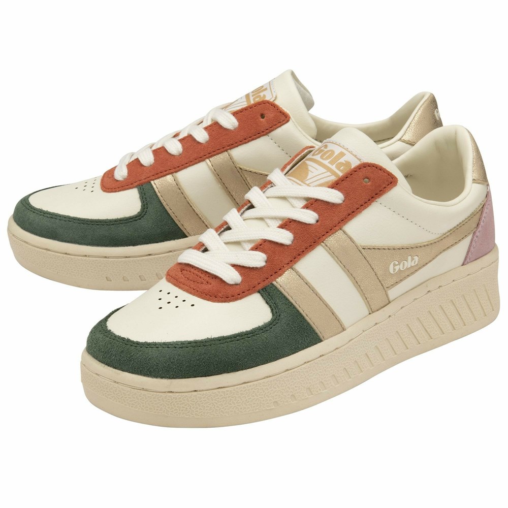 Basket Gola Grandslam Quadrant Blanche Vert Olive Doré Rose Femme | UDDK-20024056