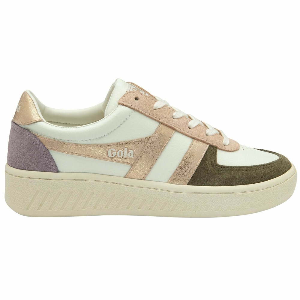 Basket Gola Grandslam Quadrant Blanche Kaki Rose Doré Femme | WYEU-16831493