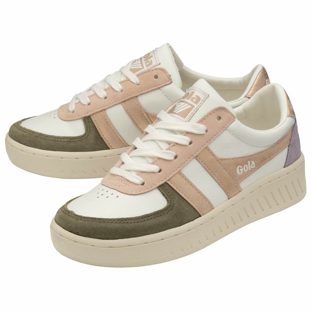 Basket Gola Grandslam Quadrant Blanche Kaki Rose Doré Femme | WYEU-16831493